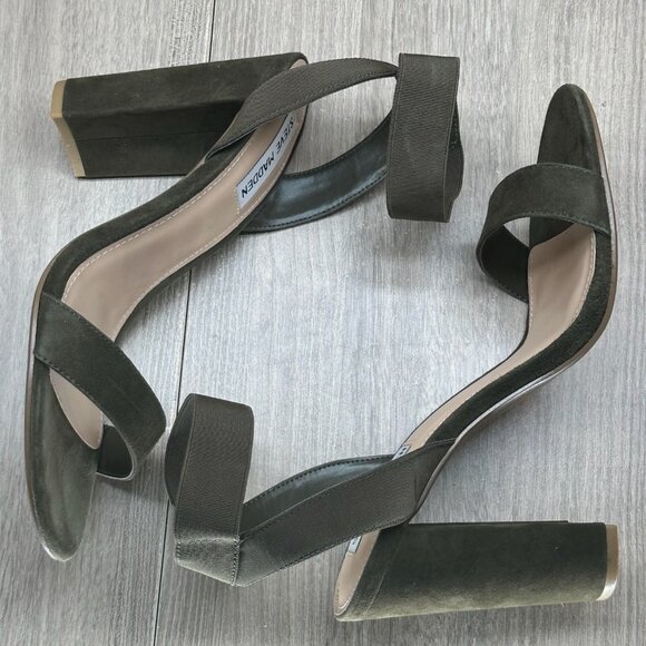 Steve Madden Celebrate Heeled Sandal Womens 9.5M Elastic Ankle Strap Suede Olive - Picture 6 of 13